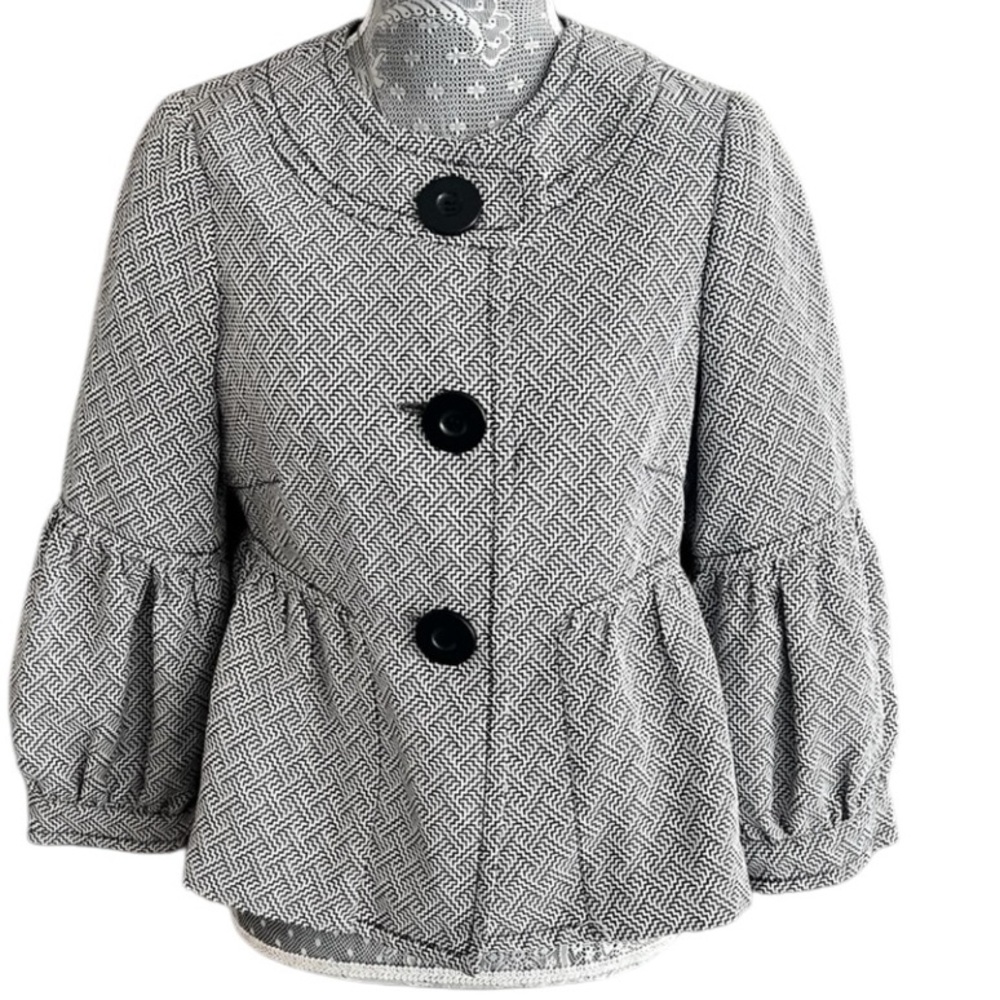 Max Studio Women's Black/White Abstract Weave Peplum Buttonup Jacket Coat Medium